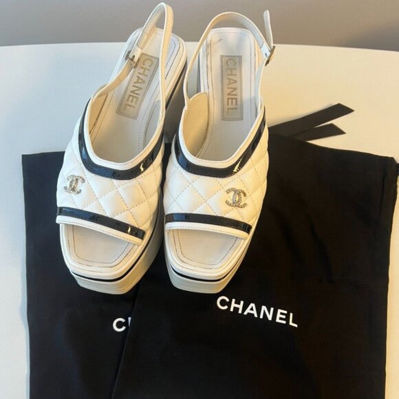 2023 Chanel Sandals Platform Heels LambskinWhite 23ASize 37 Box & Dustbags